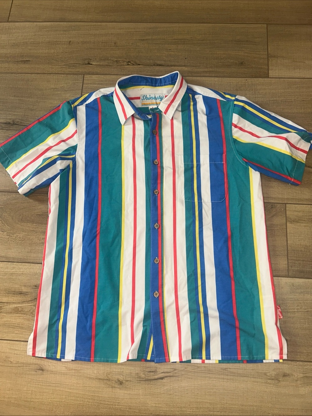 Shinesty Camp Shirt Blue Red Stripe Preppy Retro Surfer Beach Boys Summer Men M